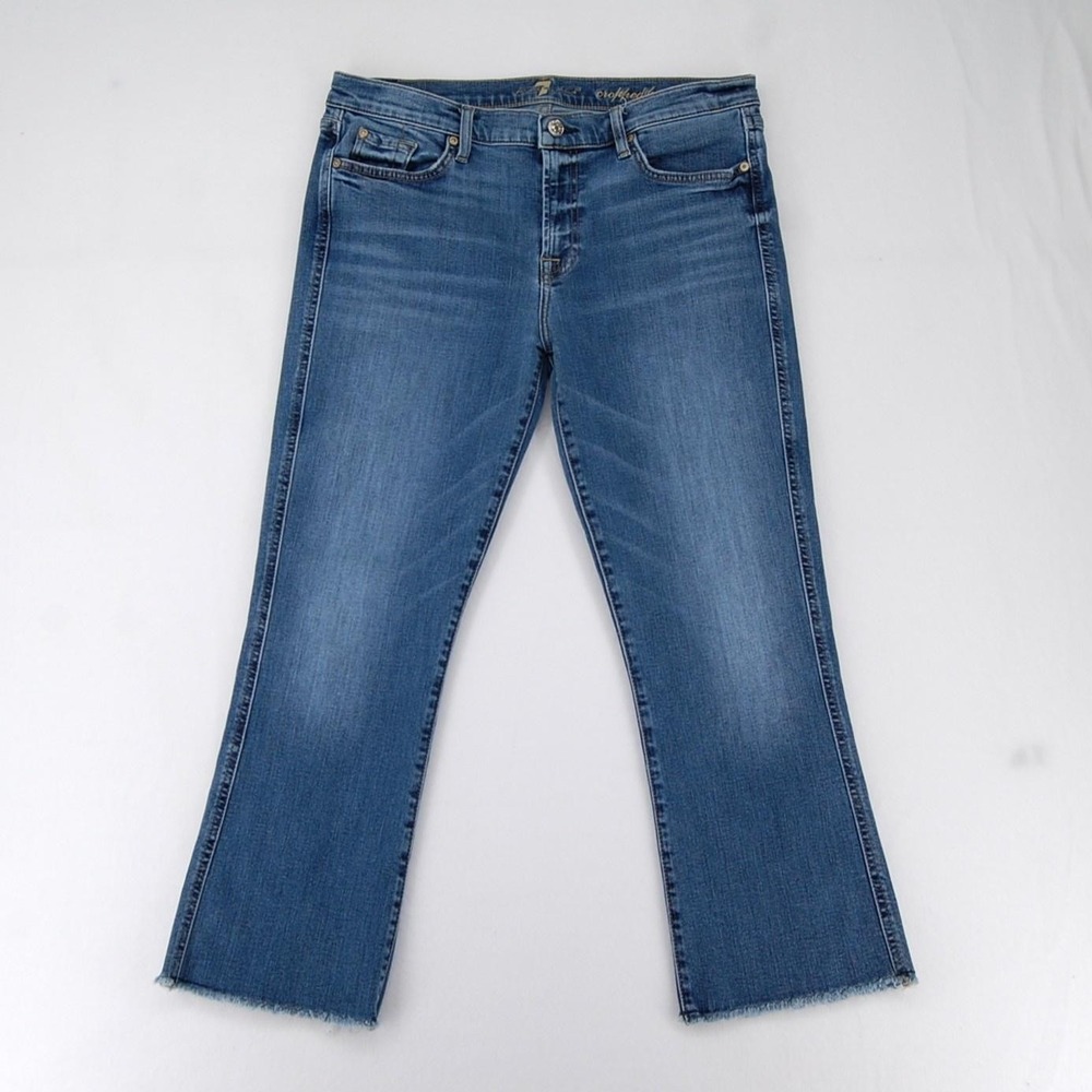 7 For All Mankind Jeans Womens 32 Blue Cropped‎ Boot Raw Hem Stretch Denim